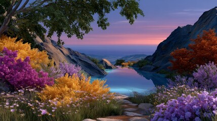 A tranquil mountain lake under a shining sky. Generative AI