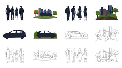 Contemporary Urban Vector Collection Diverse People, Vehicles, and Cityscapes Illustrated in Silhouette, Flat, and Outline Styles