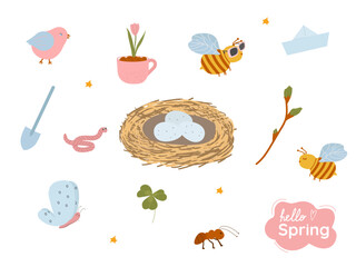 Spring set of hand drawn elements. Suitable for scrapbooking, greeting card, party invitation, poster, tag, sticker set. Vector illustration.