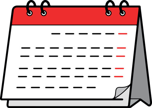 Hand drawn illustration of a desk calendar with blank pages and red accents on a white background