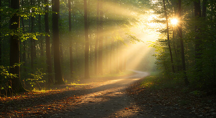 Naklejka premium Sunbeams through forest trees on a winding path sunlight