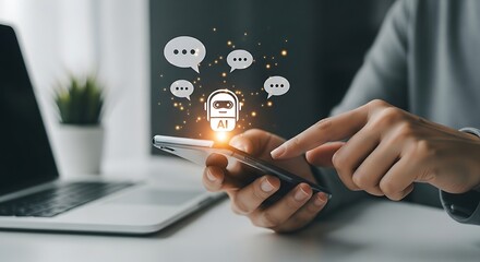 Person uses smartphone with glowing lightbulb and chat bubbles above for business and communication ideas