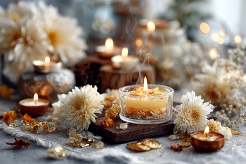 Diwali decoration with glowing candles, golden coins, and white flowers creating a peaceful festive altar symbolizing purity, wealth, and blessings of goddess Lakshmi
