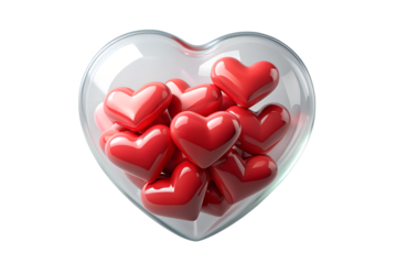 Red hearts in a glass heart isolated on transparent background, love concept