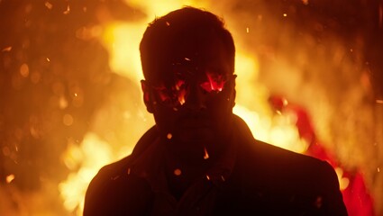 Silhouette of a person facing a raging inferno with embers glowing brightly