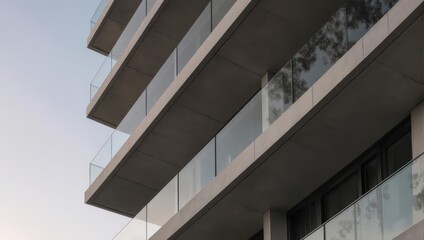 Modern architecture featuring stacked balconies with glass railings against a clear sky.