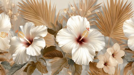 Obraz premium A vibrant tropical floral arrangement with white hibiscus flowers and golden palm leaves, set against a neutral background with subtle textures and patterns.