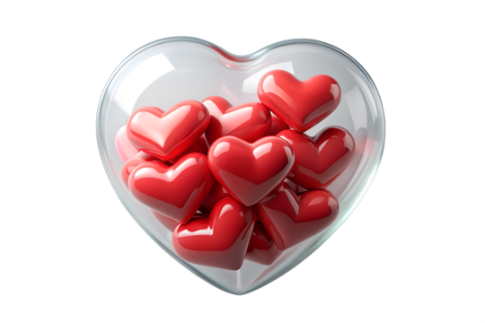 Red hearts in a glass heart isolated on transparent background, love concept