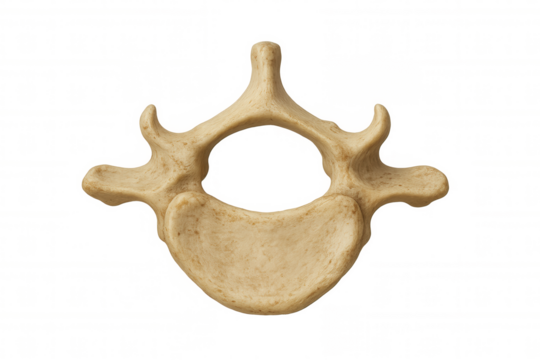 Human thoracic vertebra anatomy, a superior view of a lumbar spine bone structure on transparent background