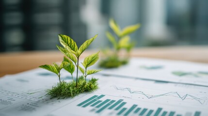 Commercial high-resolution photo of young plant growing from financial report, symbolizing growth.