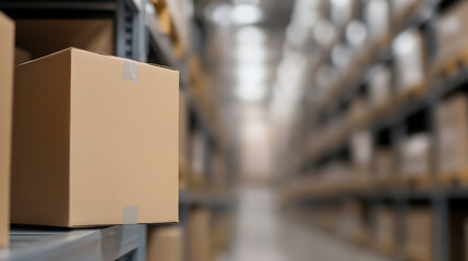 Warehouse Packaging: Boxes on shelves in a storage area. Logistics and distribution. Delivery service background.
