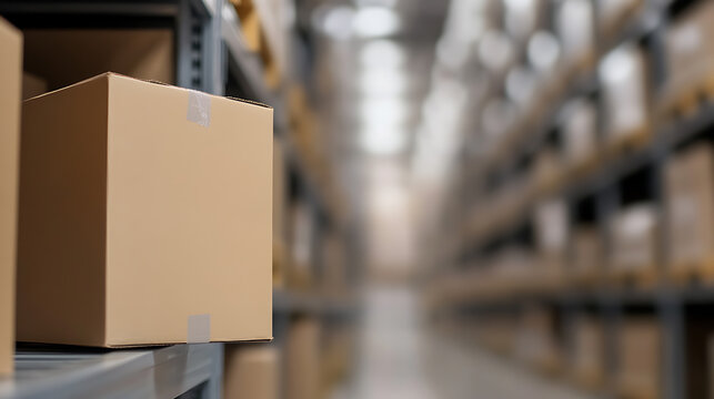Warehouse Packaging: Boxes on shelves in a storage area. Logistics and distribution. Delivery service background.