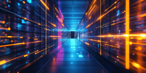 A long, narrow hallway with a blue and orange glow