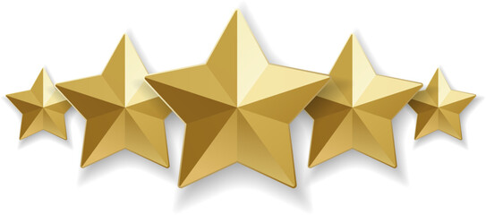 Five gold star 3D for rating, review, or quality award on white background. Golden 3D stars icon set for excellence, success, and achievement symbol.