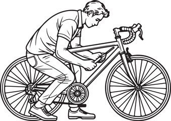Man fixing his bicycle on a white background