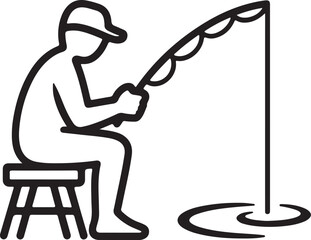 Man ice fishing, relaxing winter recreation icon