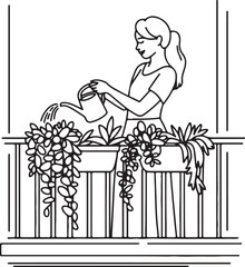 Woman watering plants on balcony, urban gardening