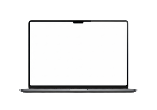 A modern charcoal grey professional laptop, ultra-thin bezels, blank white screen, small notch, isolated on a transparent studio background with copy space, high-tech minimalism concept