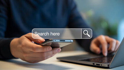 Multitasking between mobile and laptop with seamless search experience, find information effortlessly on multiple devices for maximum productivity