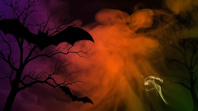 Several dark bats glide across vivid Halloween sky, swirling orange and purple clouds and bare tree branches frame the scene with spooky seasonal atmosphere.
