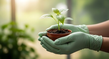 Person wearing green gloves holding small potted plant growing new life greenery