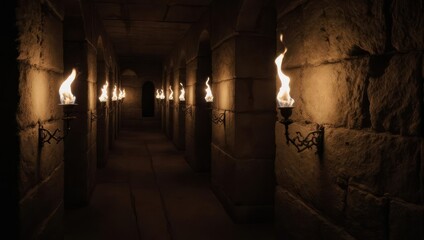Mysterious Dungeon Corridor Lit by Torches, Dark and Atmospheric.