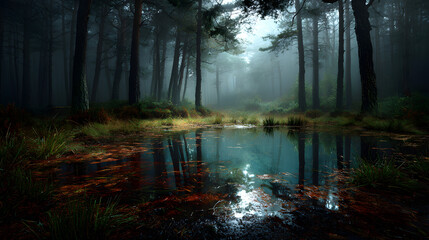 Fototapeta premium Mysterious glowing forest pond surrounded by dark trees and fog 