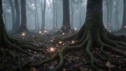 Obraz premium Mystical Forest Scene with Glowing Lights and Fog.