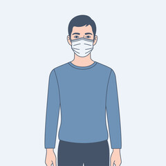 Fototapeta premium Vector illustration of a young man with dark hair wearing a blue shirt and a protective medical face mask.