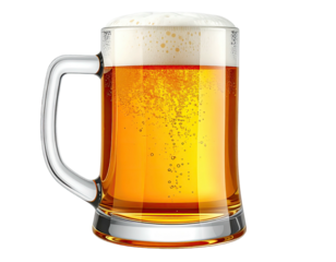A full glass tankard of light amber liquid with a thick, foamy head; isolated