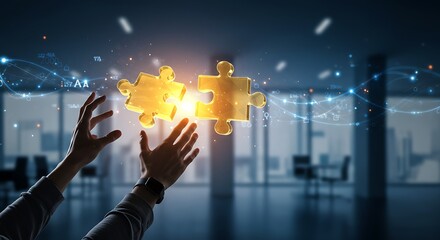 Futuristic hands interact with glowing data visualization in modern office space