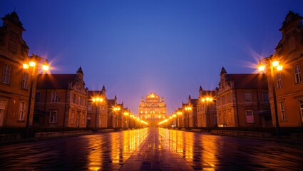 Fototapeta premium Rainy evening reflections illuminate grand architecture and distant illuminated dome