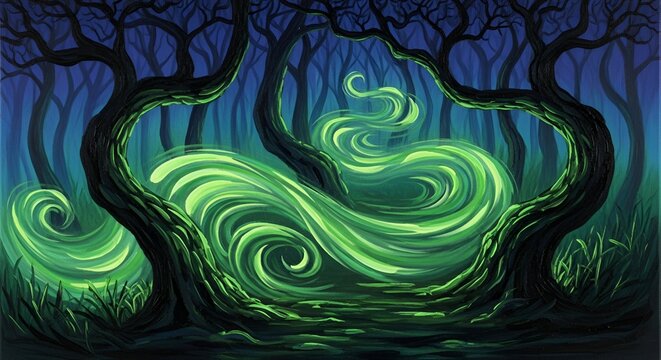 Ethereal green energy swirls through a dark, enchanted forest with twisted, ancient trees and a mystical glowing aura.