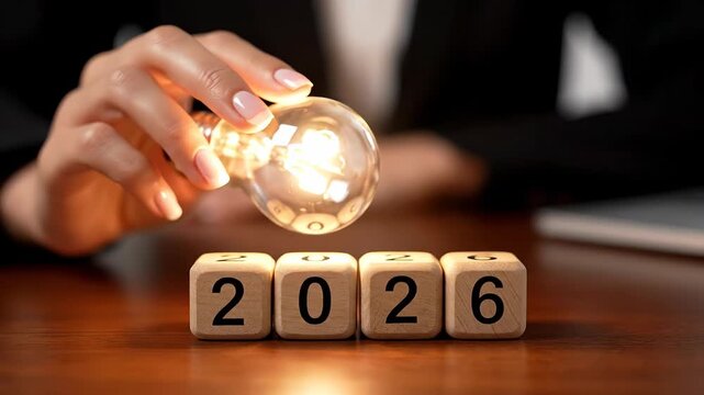 Mano de empresaria sosteniendo bombilla luminosa y cubos de madera con n&uacute;mero 2026, concepto de innovaci&oacute;n, ideas de negocio y planificaci&oacute;n del a&ntilde;o nuevo
