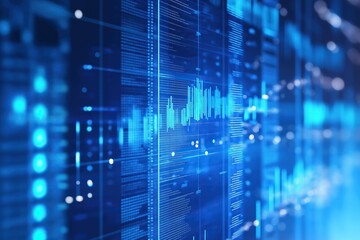 A blue background with digital financial charts and graphs representing stock market data or business analytics for global corporate performance