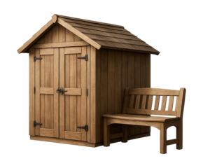 Garden shed featuring a bench for relaxation and tool storage in a country garden.