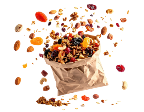 A paper bag bursts open, scattering a colorful mix of nuts, fruits, seeds, and snacks