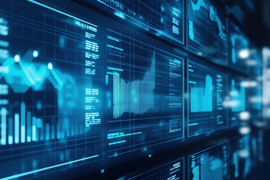 A background of digital financial charts and graphs on a blue backdrop with a futuristic look for data visualization in stock market or marketing themes