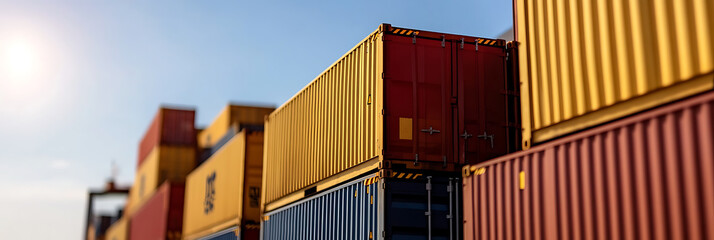Fototapeta premium Rows of shipping containers stacked and ready for transport, symbolizing global trade and logistics on a clear day. The containers are brightly colored.