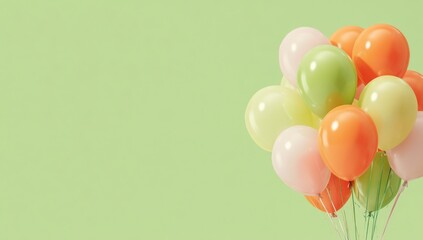 A cluster of pastel-colored balloons against a soft green background creates a cheerful and festive ambiance.