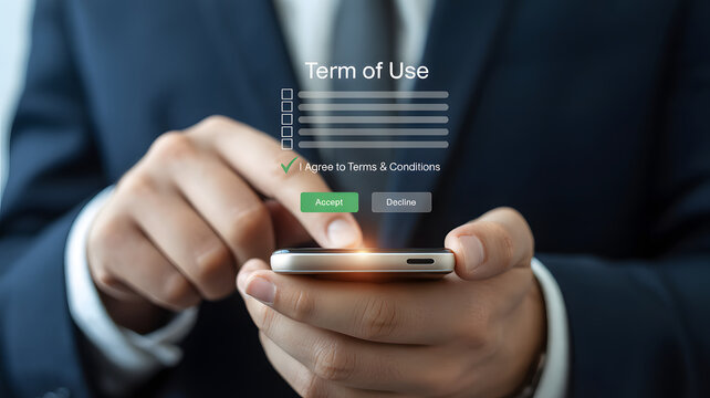 Professional accepts terms of use on mobile device, agreeing to conditions and privacy policy for modern tech app, digital contract signing online