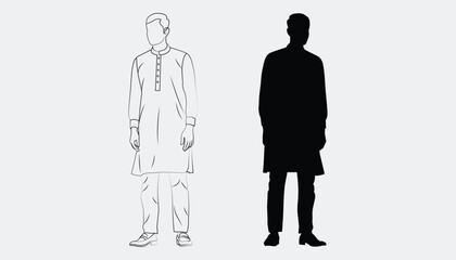 Black and white vector illustration of a man wearing a traditional kurta and pajama, symbolizing South Asian culture and fashion.
