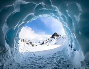 Looking out from within a glacial ice cave, observing snowy mountains