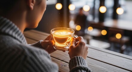 Person holding a glass cup of coffee with latte art and glowing outline beverage