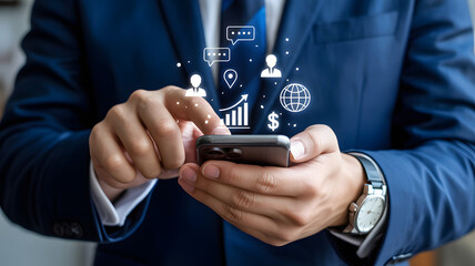 Professional using mobile apps for business networking and financial growth, showcasing modern technology and connectivity in a dynamic corporate setting.