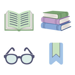 Reading and learning : open book, a stack of closed books, a pair of glasses, and a bookmark.