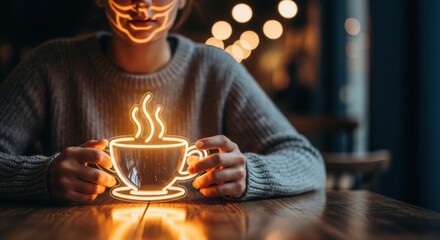 Person holding glowing neon coffee cup sign with steam in dimly lit cafe neon sign