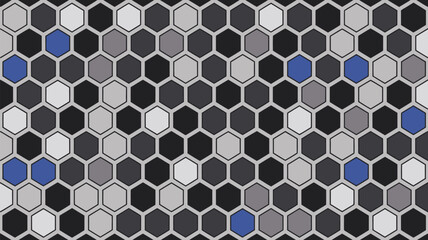 A geometric pattern with gray black white and blue hexagons arranged in a honeycomb style design art