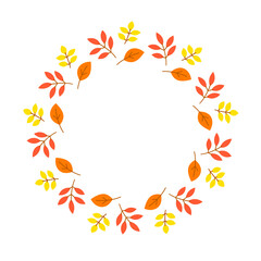 Cute hand drawn flat autumn leaves composed in circle shape isolated on white background. Round frame with leaves.