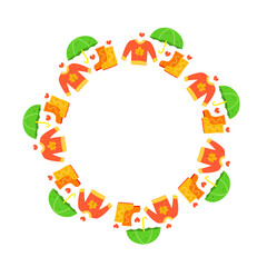 Cute hand drawn flat autumn icons composed in circle shape isolated on white background. Round frame with warm sweater, umbrella and rubber boots.